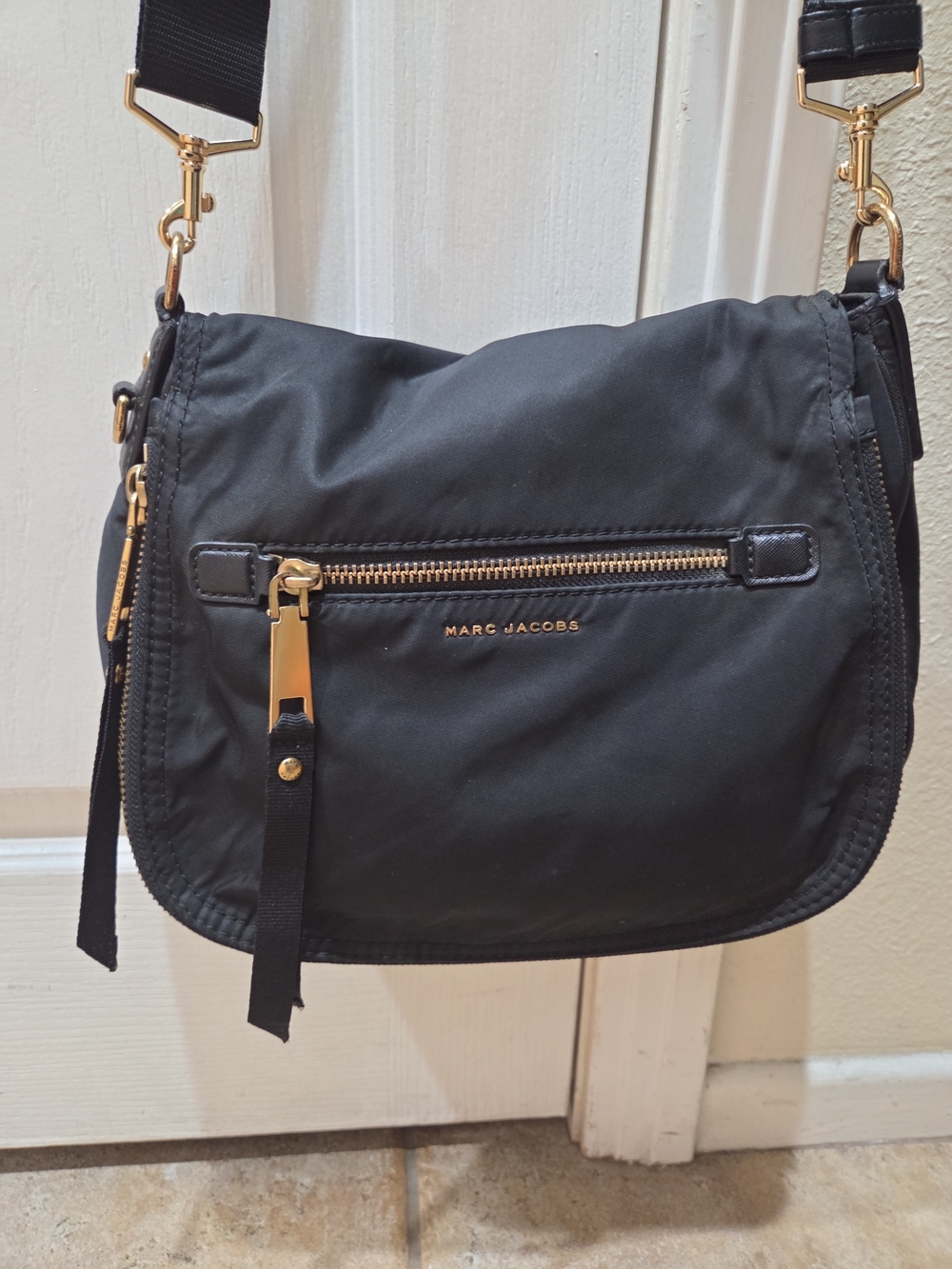 Marc Jacobs Black Nylon Crossbody with Gold Hardware and Front Zip